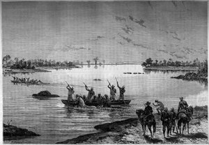 Crossing Niger by boat by missionaries. Engraving in the illustrious journal 