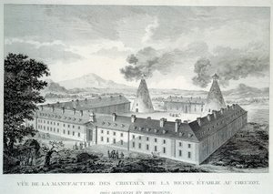 Crystal works of Queen Marie Antoinette at Creusot near Moncenis in Burgundy. Engraving from 1787 by French School