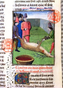 Cutting the Legs of a Dead Stag, from the Livre de la Chasse by Gaston Phebus de Foix (1331-91) by French School