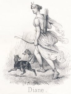 Diana: Twin sister of Apollo. In heaven, she was Phebe or Moon, tasked with illuminating the earth. In Hell, she was Hecate and presiding over the judgments of souls. On earth, she was Diana, goddess of hunting