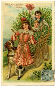 Children in a Cart Accompanied by a Dog. Postcard Beginning of the 20th Century