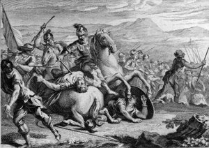Death of Alaric II, 507: Clovis I, king of the Franks, killing Alaric II, king of the Visigoths, at the Battle of Vouille in 507. Engraving of the 18th century by French School
