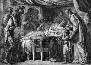 Death of Childebert II (570-596), king of Neustria, Orleans and Burgundy, as a result of poisoning. 596. Engraving of the 18th century by French School