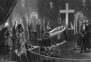 Death of Napoleon III: the remains of Napoleon III in the burning chapel of Camden House on 14 February 1873.