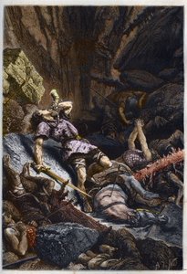 Death of the Knight Roland, nephew of Charlemagne, at the Battle of Roncevaux (778) opposing the Army of Charlemagne and the Saracens (engraving from L