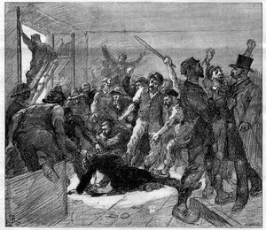 Decazeville (Aveyron) miners strike in 1886: engineer Watrin was murdered by the strikers. Engraving in Le Monde Illustre, 6 February 1886