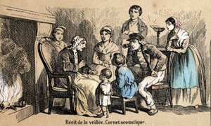 Description of the five senses: detail of the hearing, the recits during the night in the cottages, an old man uses an acoustic cone. Plate 