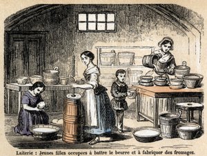 Description of the various jobs and sheep products: young dairy farmers making butter and cheeses in a dairy. Plate 