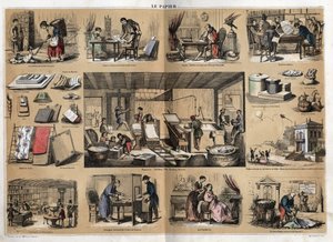 Description of the various products and uses of paper: at the centre are activities in a stationery, making paper from rags, pulp, shapes and press. Various uses, drawing paper, scientist Buffon writing his Natural History, reading public papers (newspaper