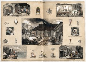 Description of the various stages of manufacture and uses of glass: view of the interior of a glass factory, manufacture of bottles in a glass blower workshop, gilding, polishing and stamping of ice, and various objects (microscope, mirror, glasses, thermo