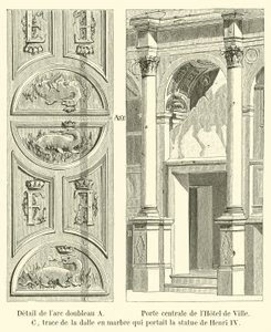 Detail of the double arch A, Central Gate of the Hotel de Ville, C, trace of the marble slab that bore the statue of Henry IV