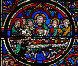 Detail from a window depicting the Passion: the Last Supper