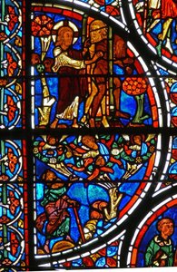 Detail from a Window Depicting the Parable of the Good Samaritan: God Casts Adam and Eve Out of the Garden of Eden