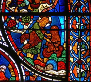 Detail from a Window Depicting the Parable of the Good Samaritan: God Creates Man from Clay