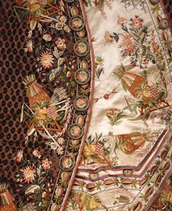 Detail of a magnificent suit of brown cut velvet, comprising coat, breeches & waist of ivory satin embroidered en suite, c.1760 by French School