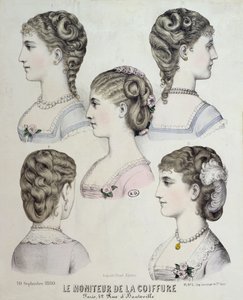 Different hairstyles, plate from Le Moniteur de la Coiffure, 1880 by French School