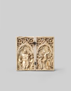 Diptych of Saint Louis crowned by Christ and the Crucifixion, front, 14th century
