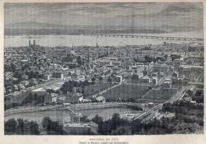 Discovery of Canada: view of the city of Montreal in 1875. Drawing by Benoist after photograph. Engraving from the end of the 19th century in 