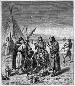 Discovered by the manufacture of glass by Phenician merchants - Engraving in 