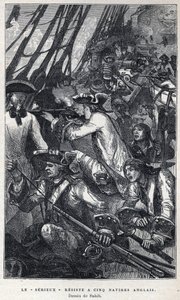 Discovery of Canada: Jacques Pierre de Taffanel de la Jonquiere, French naval officer at the head of the French ship Le Serieux resisted five English ships. Drawing by Sahib. In La Nouvelle France by Eugene Guenin. by French School