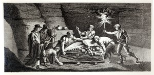 Discovering the bones of a prehistoric animal, illustration from Histoire naturelle de la Montagne Saint-Pierre de Maastricht by Barthelemy Faujas de Saint Fond, 1799 by French School