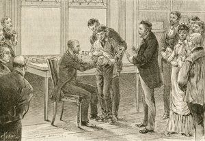 Doctor Pasteur examining boy infected with rabies by French School