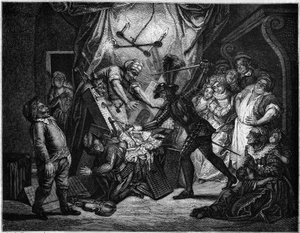 Don Quixote fights the puppets he thinks are Moors. Engraving by V. Beauce after the painting by Charles Antoine Coypel illustrating the novel by Cervantes. In 