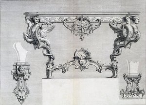 Double branched candlestick with rococo and classical elements, from a pattern book of Neo-classical metalwork designs put together by Duhamel, c.1770s-80s by French School