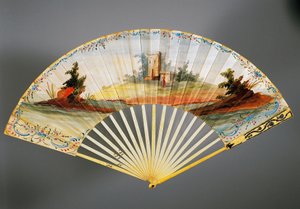 Double leaf hand fan painted with pastoral scene, back