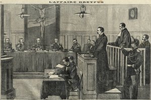 Dreyfus case in 1898: a hearing of the War Council: the trial of Commander Esterhazy. Engraving in 