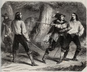 Duel with swords between the Viscount of Cahuzac and the Marquis of Gesvres, whose queen of France Anne of Austria is in love, in the woods of Vincennes. 17th century. Engraving from 1871 in 
