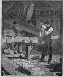 Ebenisterie: ebenist worker splitting a board at the established. Engraving from 1885 in 