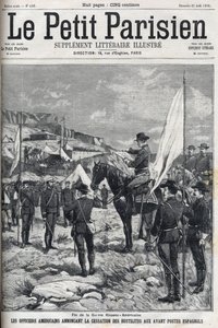 End of the Spanish-American War in 1898. American officers announcing the cessation of hostilities at the Spanish outposts. Engraving in 