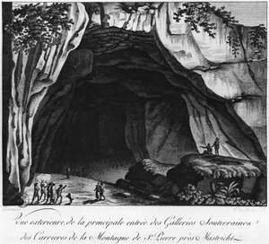 Entrance of the underground quarries, illustration from Histoire naturelle de la Montagne Saint-Pierre de Maastricht by Barthelemy Faujas de Saint Fond, 1799