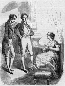 Eugene de Rastignac presented to Madame de Nucingen by the Marquis of Adjuda. Engraving mid 19th century. Illustration for 