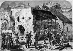 Expedition to Mexico (1861-1867) - siege of Puebla - 1863: attack of a block (group of houses) by the French army. Once inside the city, the French soldiers had to fight battle by battle. Engraving in 