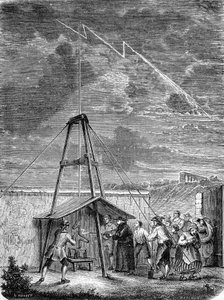 Experiment made on 10 May 1752, by Thomas Francois Dalibard at Marly, first demonstration of the presence of electricity in stormy clouds - engraving