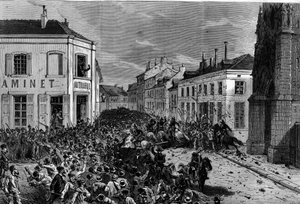 Expulsion of the Marists of Tourcoing following the decrees of March 1880 taken by Jules Ferry and removing the right to teach members of unauthorized religious congregations: the police dispersed the riders, hostile to the expulsion of the Marists