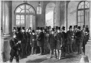 Extension of the presidential term of the marshal of Mac-Mahon, establishment of the septennat in France, November 1873: view of the entrance door of the Assemblée de Versailles, on the day of discussion of the prorogation. From left to right by French School