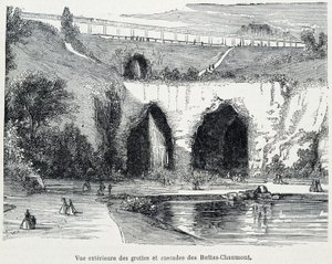 Exterior view of the cascades and caves of the Buttes Chaumont, engraving 19th century by French School