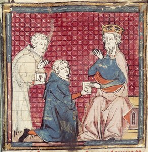 Messengers telling Charlemagne of the victory over the Saracens, from the Grandes Chroniques de France, 1375-79 by French School