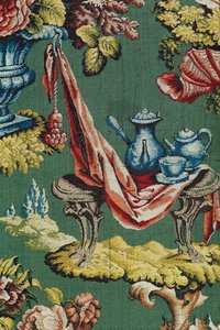 Fabric depicting a chocolate pot and a teapot, Lyon Workshop by French School