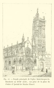 Main facade of the Saint-Jacques-la-Boucherie church in the 17th century, view taken from Place du Cloitre, portal of Nicolas Flamel by French School