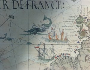 Facsimile of Whaling and Isle of Saint Brandon, detail from a portolan map by Pierre Desceliers, 1546, published in Monuments de la Geographie by Edme Francois Jomard by French School