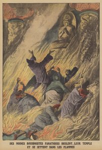 Fanatical Buddhist monks burning their temple and throwing themselves into the flames on the island of Formosa by French School