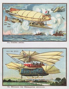 Fantasy depictions of an air battle and of an aircraft for transporting freight in the year 2000, c.1910 by French School