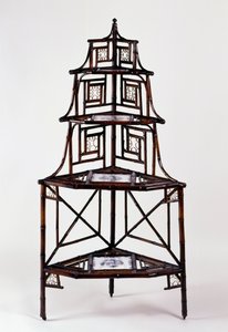 Far East style Second Empire (Napoleon III) bamboo corner etagere plant stand with French majolica tiles and four tiers by French School