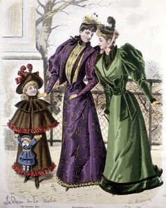 Fashion: 2 women and a girl holding a doll, 1892