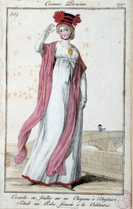 Fashion under the Directoire: elegant young woman wearing a Parisian suit: cockade in sheets on English hat, dress frowned with coblentz. Anonymous engraving. 1797