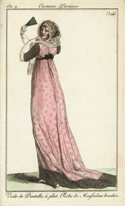 Fashionable woman in lace veil, damask muslin dress
